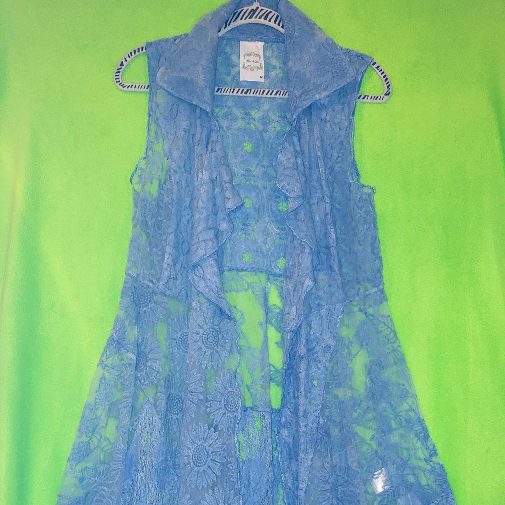 Blue Lace Knee Length Cover Up Vest